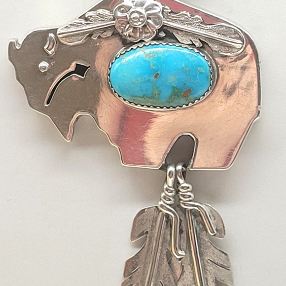 Navajo turquoise sterling silver 925 Buffalo pendant. - Picture 2 of 6
